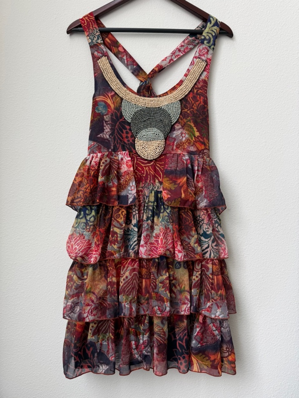 Desigual Beaded Neckline Tiered Ruffle Patchwork Boho Mini Dress Size EUR 38